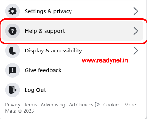 facebook help and support option